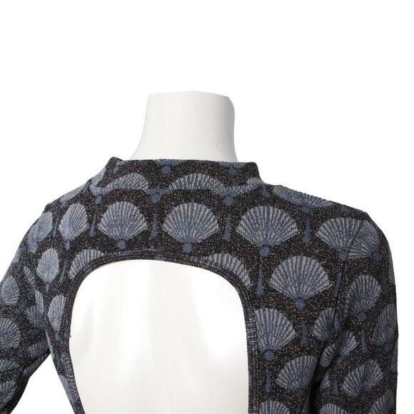 Zara Bodycon Stretch Mini Dress Metallic Fan Shell Print Open Back Black Silver - Picture 9 of 11